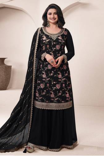 Black embroidered chinon semi-palazzo style salwar suit