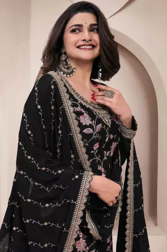 Black embroidered chinon palazzo style salwar suit