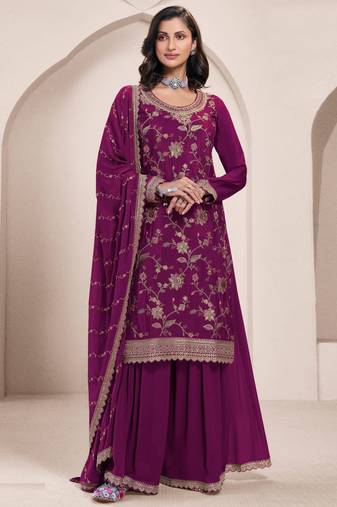 Purple embroidered chinon semi-palazzo style salwar suit