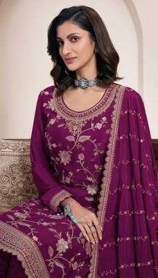 Purple embroidered chinon palazzo style salwar suit 2
