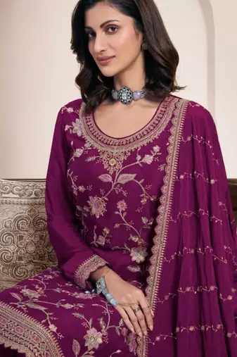 Purple embroidered chinon palazzo style salwar suit