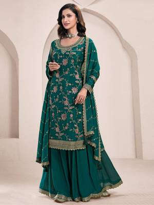 Green embroidered chinon palazzo style salwar suit 1
