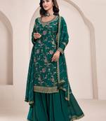 Green embroidered chinon semi-palazzo style salwar suit