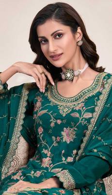 Green embroidered chinon palazzo style salwar suit 2