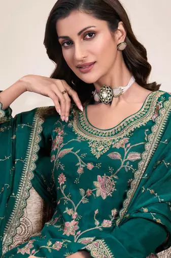 Green embroidered chinon palazzo style salwar suit