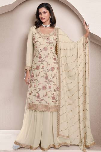 White embroidered chinon semi-palazzo style salwar suit