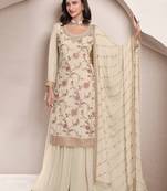White embroidered chinon semi-palazzo style salwar suit