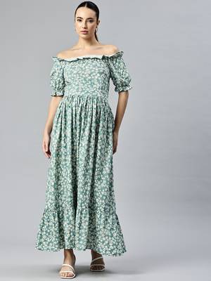 Green white floral fit and flare off shoulder dress 1