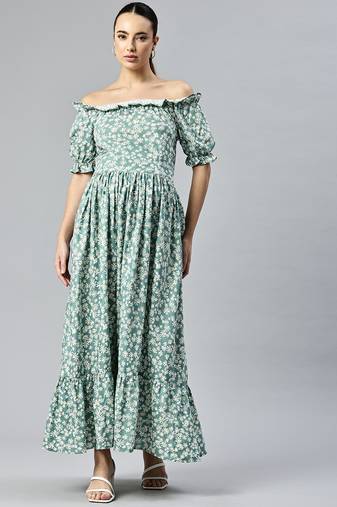 Green white floral fit and flare off shoulder dress