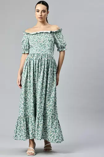 Green white floral fit and flare off shoulder dress