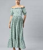 Green white floral fit and flare off shoulder dress