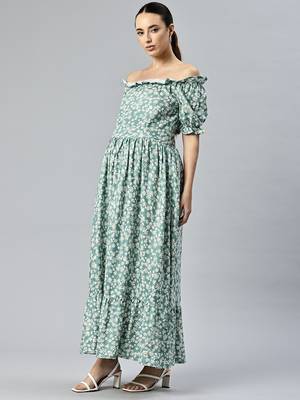 Green white floral fit and flare off shoulder dress 2