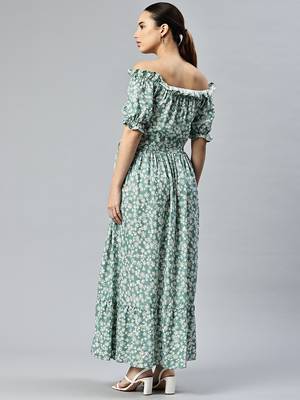 Green white floral fit and flare off shoulder dress 3