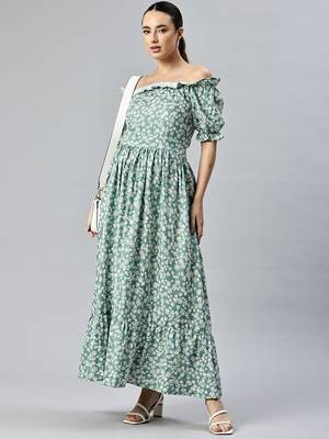 Green white floral fit and flare off shoulder dress 4