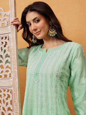 Hand embroidered green cotton lucknowi chikankari anarkali a-line kurta 6
