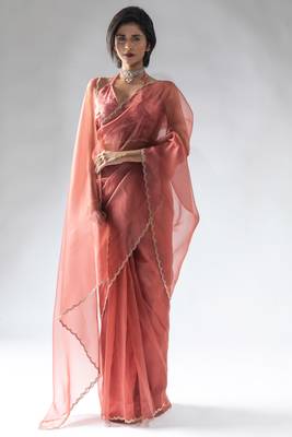 pre-stitched peach organza silk saree with unstitch blouse 1