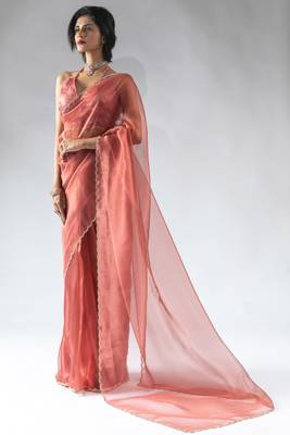 pre-stitched peach organza silk saree with unstitch blouse 2