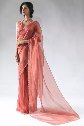 pre-stitched peach organza silk saree with unstitch blouse