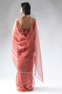 pre-stitched peach organza silk saree with unstitch blouse 3