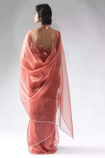 pre-stitched peach organza silk saree with unstitch blouse