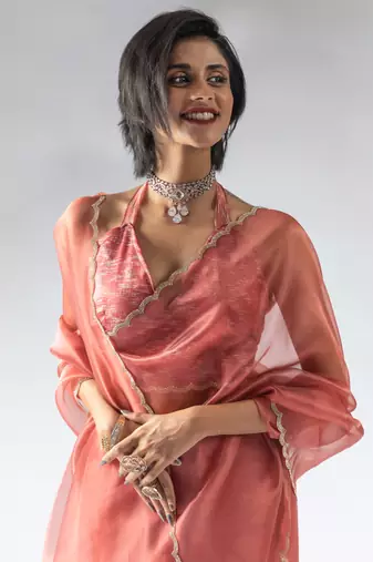 pre-stitched peach organza silk saree with unstitch blouse