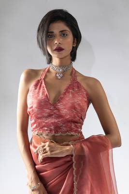 pre-stitched peach organza silk saree with unstitch blouse 5