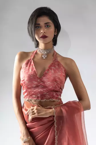pre-stitched peach organza silk saree with unstitch blouse