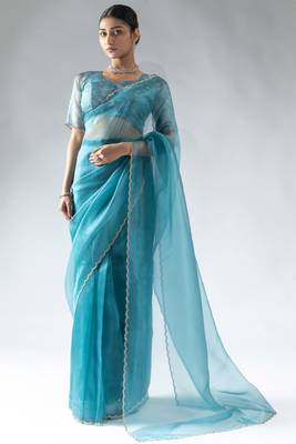 ready to wear sky blue organza silk saree with unstitch blouse 1