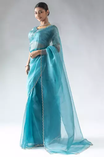 ready to wear sky blue organza silk saree with unstitch blouse