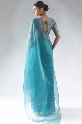 ready to wear sky blue organza silk saree with unstitch blouse