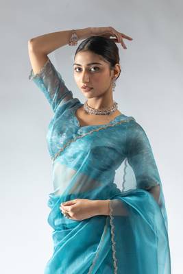 ready to wear sky blue organza silk saree with unstitch blouse 4