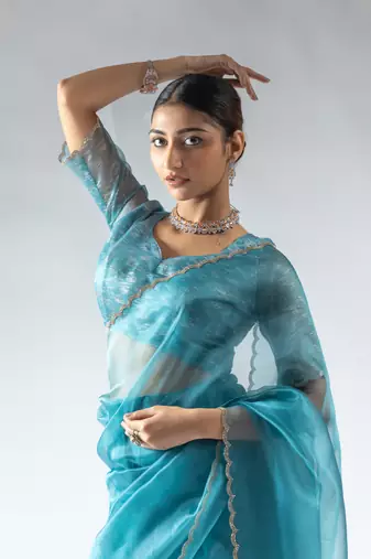ready to wear sky blue organza silk saree with unstitch blouse