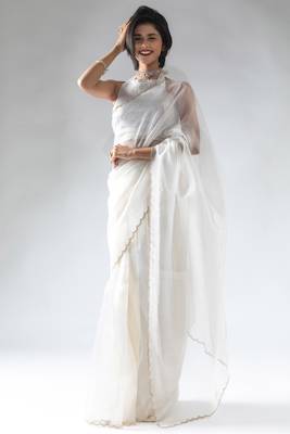 pre-stitched white organza silk saree with unstitch blouse 1