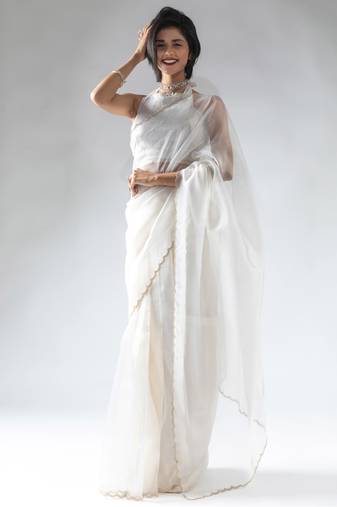 Ready To Wear White Organza Silk Saree With Unstitch Blouse
