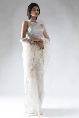 pre-stitched white organza silk saree with unstitch blouse 2