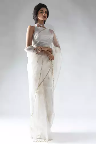 pre-stitched white organza silk saree with unstitch blouse