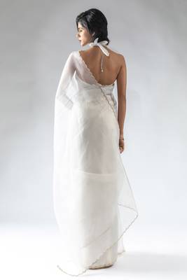 pre-stitched white organza silk saree with unstitch blouse 3