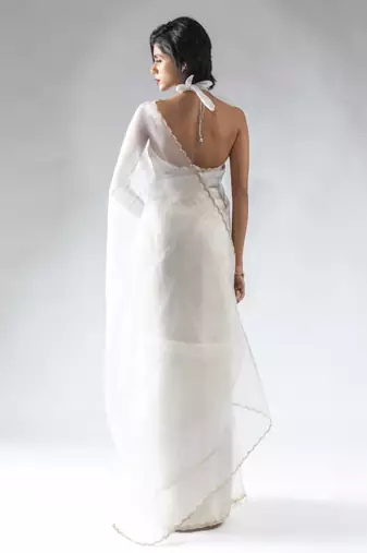 pre-stitched white organza silk saree with unstitch blouse