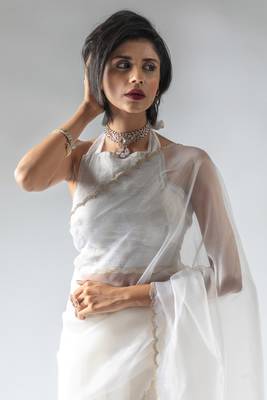 pre-stitched white organza silk saree with unstitch blouse 4