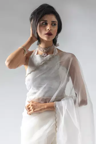 pre-stitched white organza silk saree with unstitch blouse