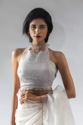 pre-stitched white organza silk saree with unstitch blouse