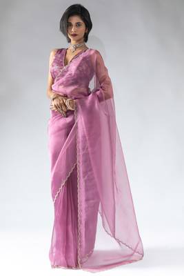 pre draped pink organza silk saree with unstitch blouse 1