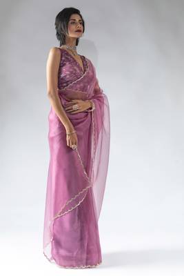pre draped pink organza silk saree with unstitch blouse 2