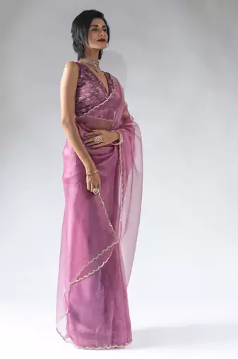 pre draped pink organza silk saree with unstitch blouse