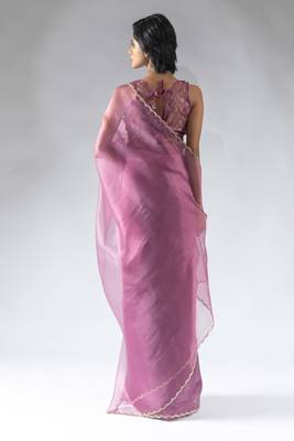 pre draped pink organza silk saree with unstitch blouse 3