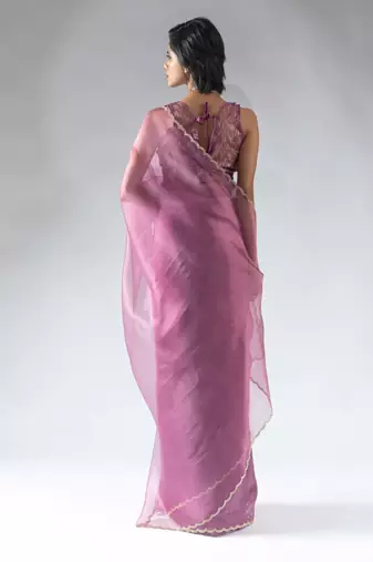 pre draped pink organza silk saree with unstitch blouse