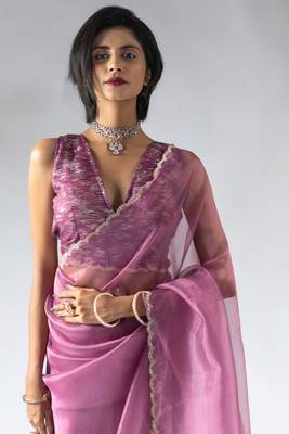 pre draped pink organza silk saree with unstitch blouse 4