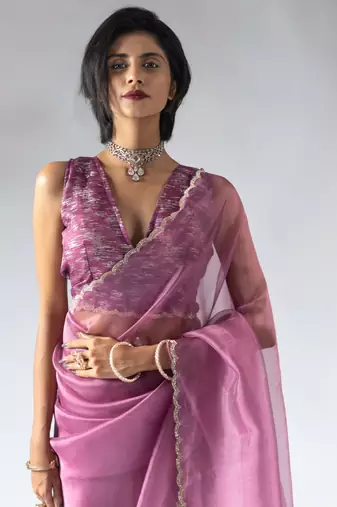 pre draped pink organza silk saree with unstitch blouse