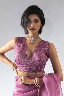 pre draped pink organza silk saree with unstitch blouse 5