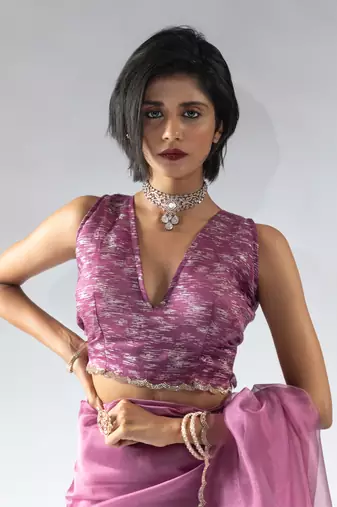 pre draped pink organza silk saree with unstitch blouse